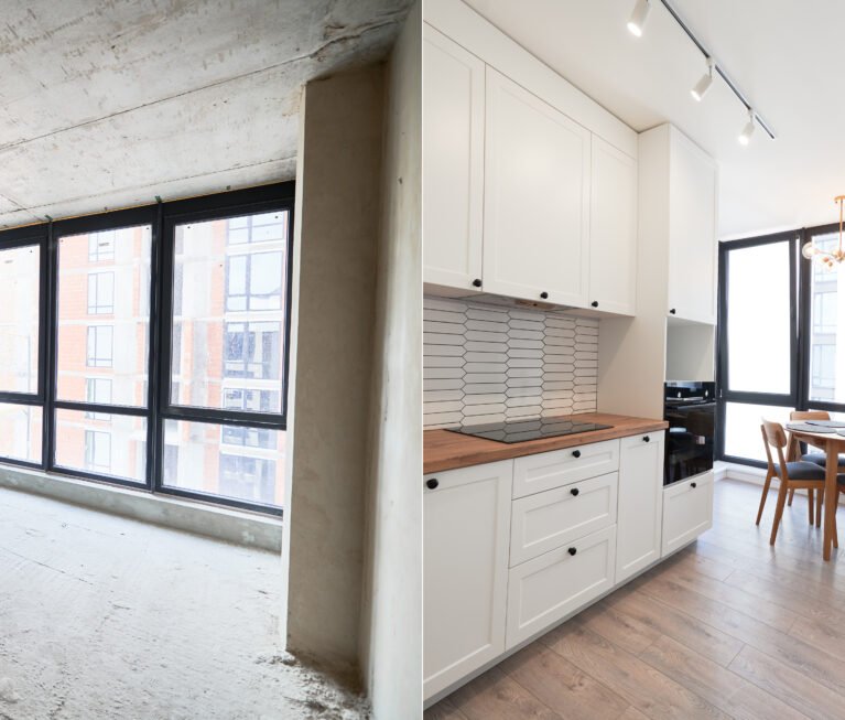 Comparison of old apartment and new flat with modern interior, parquet floor, table, chairs and white walls. Concept of home renovation. Empty room with large window before and after restoration.
