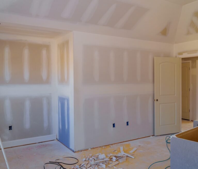 walls plasterboards with room under construction with finishing putty in the room