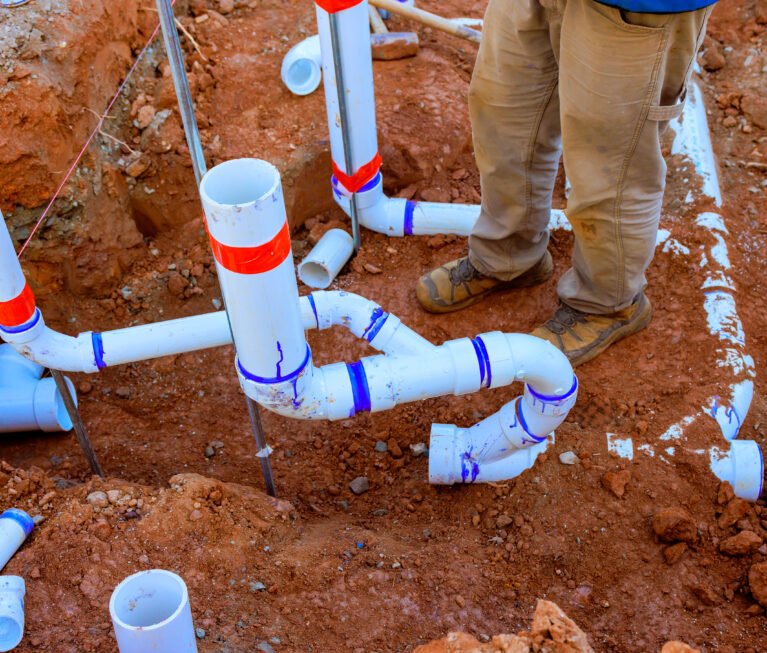 Workers are laying down sewage wastewater pipes in trench at construction site during work day